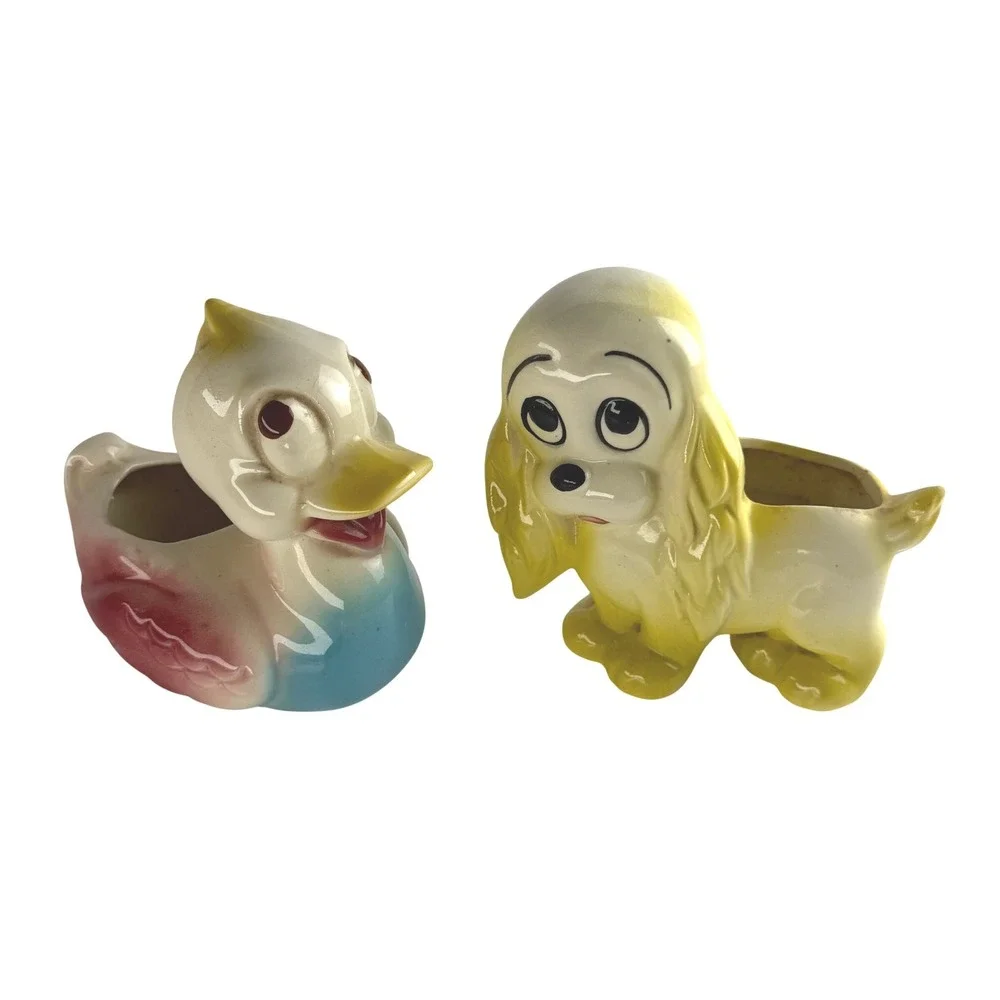 Vintage 1950s Big Eyed Pastel Dog and Duck Ceramic Planters MCM Lot of 2